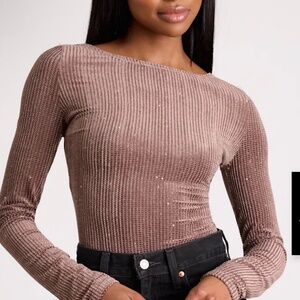 Lulus Light Brown Shiny Velvet Long Sleeve Shirt